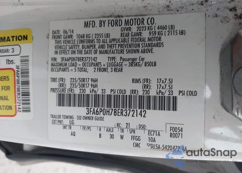 2014 Ford Fusion Se z USA, uszkodzony, nr VIN 3FA6P0H78ER372142